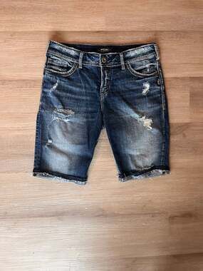 Silver Jeans Co, Suki Distressed Denim Bermuda Shorts, Dark Wash, 30